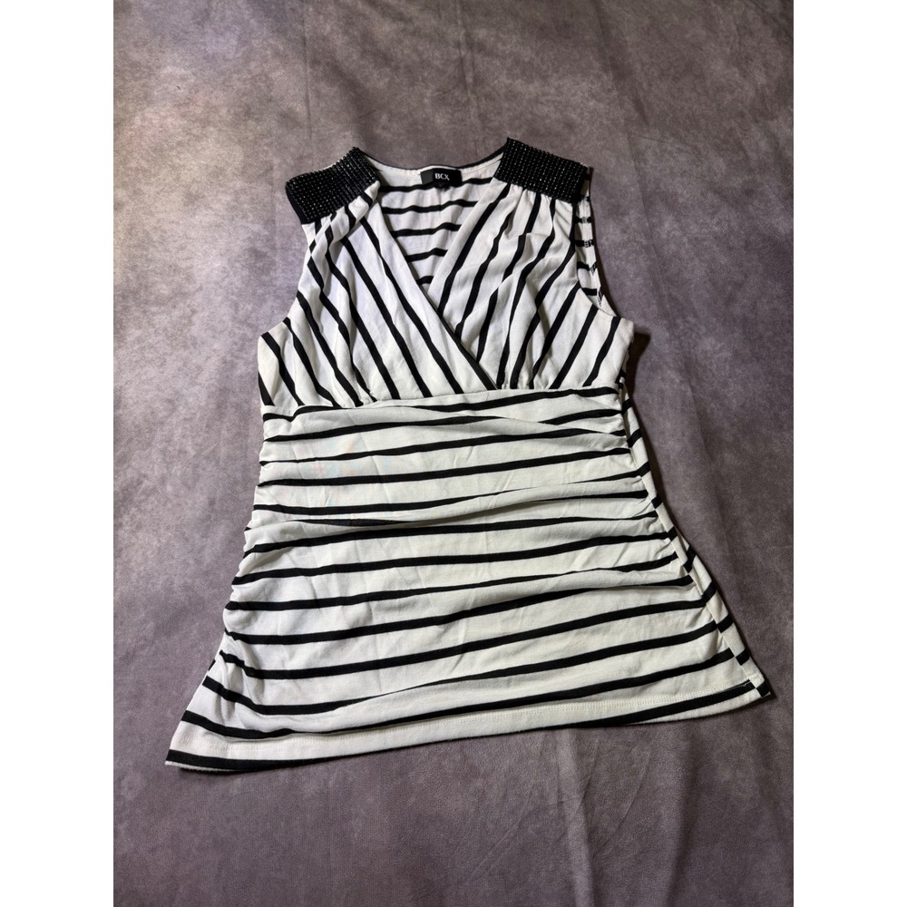 BCX Womens XL Black White Striped Sleeveless Ruched Surplice Top Beaded Shoulder